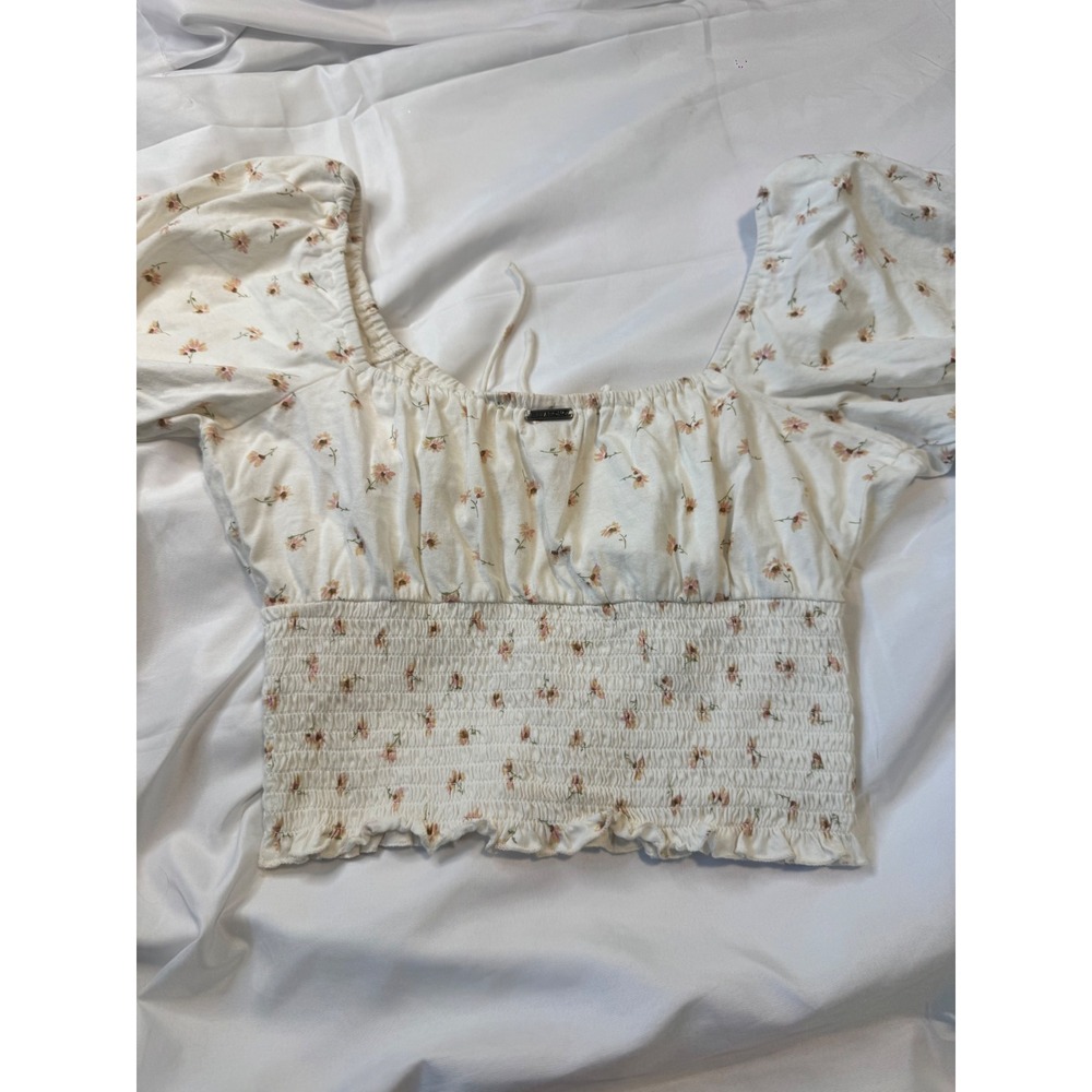 Billabong Floral Puff Sleeve Smocked Crop Top Cream Pink Cottagecore M - Picture 4 of 5